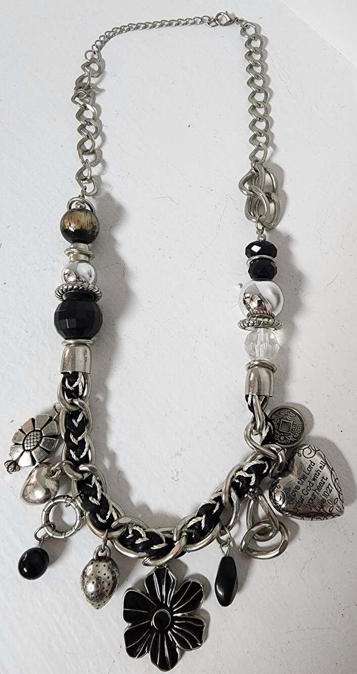 Vintage Charm Necklace w/ Heart Amulet Luke 10:27 & Cross – Unique Design